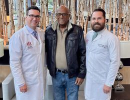 79-year-old Wally Moore (center) received the newly offered Whipple procedure at LLUMC–Murrieta close to his home in February. He recently reunited with surgical oncologist Dr. Michael O'Leary (left) and nurse practitioner Garrett Newman (right).