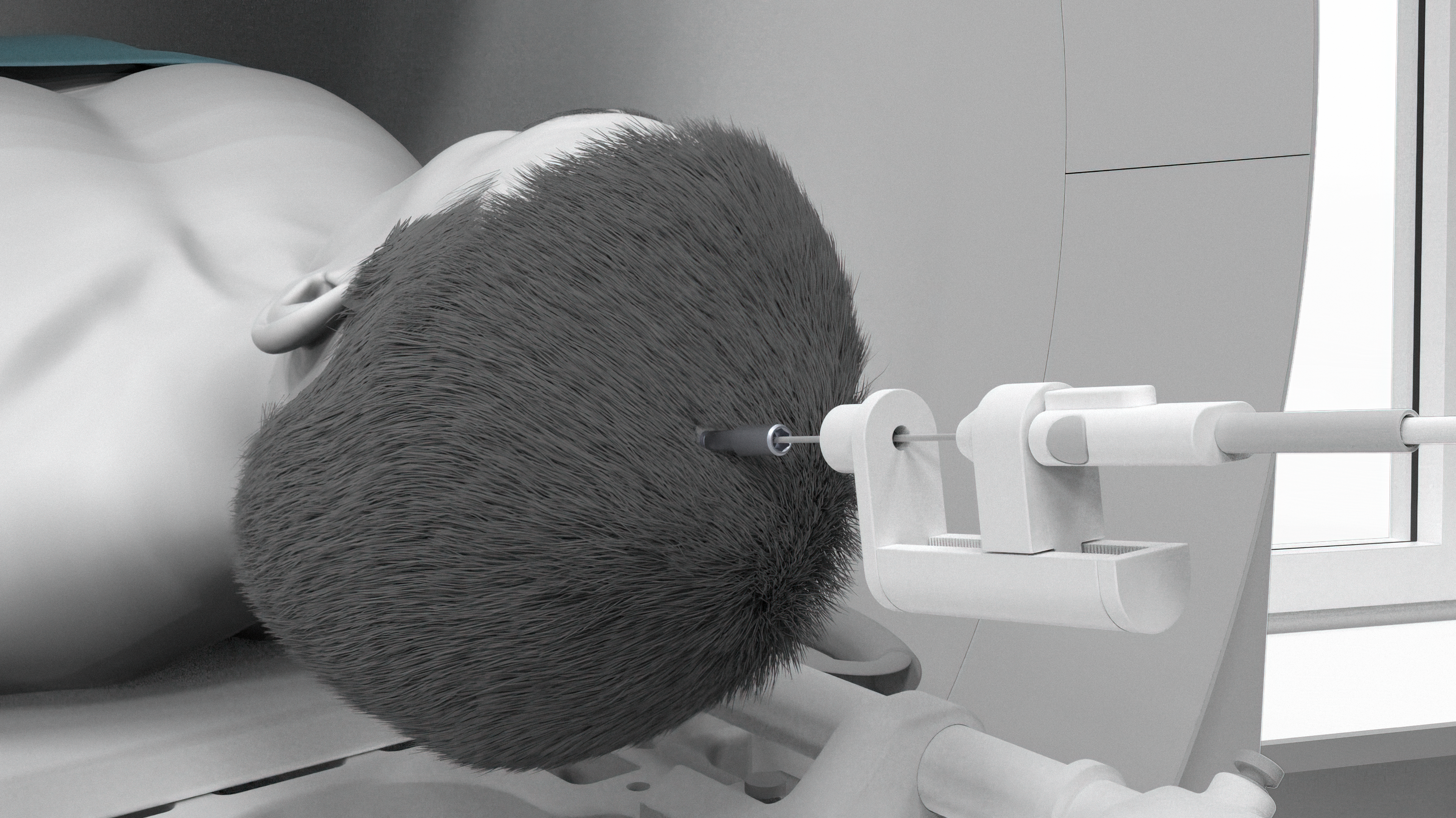 Black and white graphic of a boy and a bolt and laser inserting in his head
