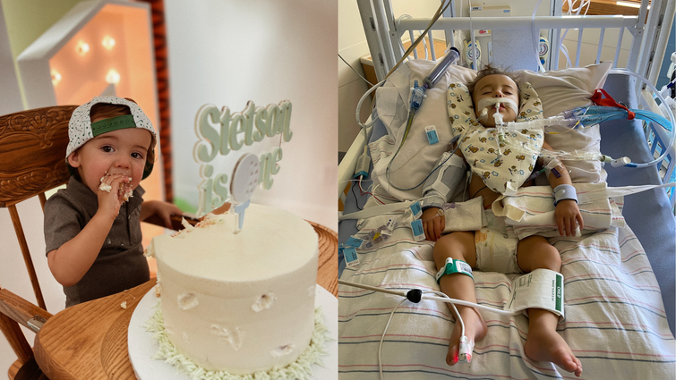 Side by side of Stetson at his first birthday party and Stetson at LLUCH in critical condition