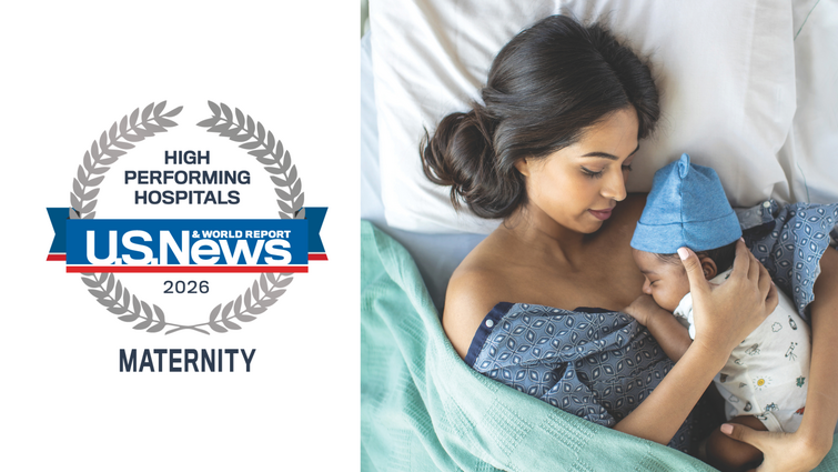 U.S. News & World Report badge alongside picture of a mother and baby