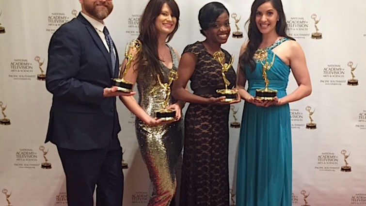 Loma Linda University Health advancement films pose with their new trophies after the 42nd Annual Pacific Southwest Emmy® Awards over the weekend in Rancho Mirage. From left: Michael Wolcott, Maranatha Hay, Keturah Reed and Patricia Kelikani.