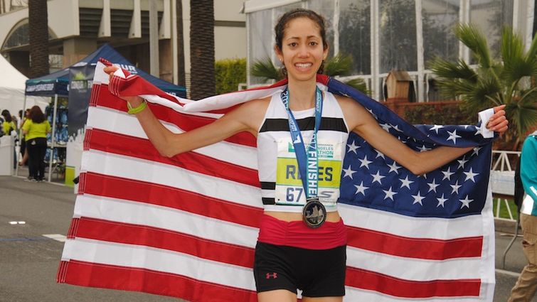LLU School of Pharmacy student Joanna Reyes after finishing the LA Marathon in 4th place. Joanna Reyes, a student at Loma Linda University School of Pharmacy, runs the Los Angeles Marathon