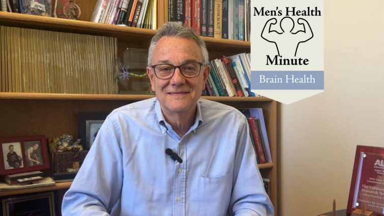 Maintaining brain health starts with simple habits every man can build into daily life A white, male doctor sits in front of a bookshelf with a blue shirt on. Text on the screen says 'Men's Health Minute, Brain Health'