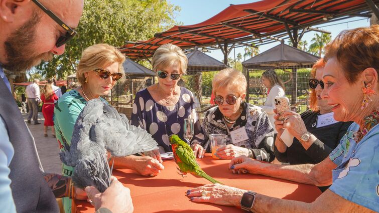 Group of luncheon attendees surround table and admire birds
