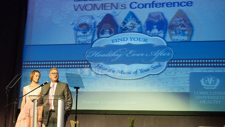 Beverly Rigsby and Kerry Heinrich on stage during Loma Linda University Health’s 2017 Women’s Health Conference