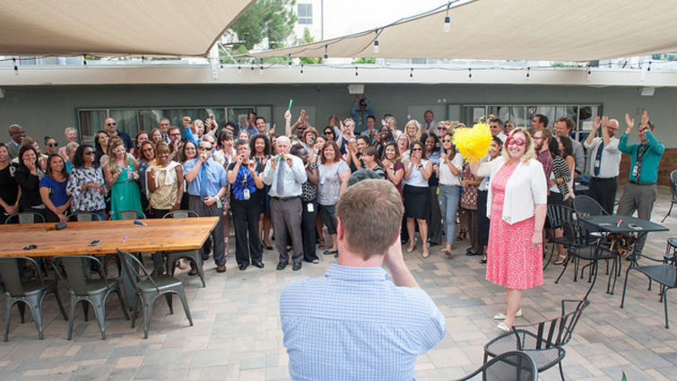 Loma Linda University Health philanthropy team members celebrate reaching a significant milestone in the Vision 2020 campaign.