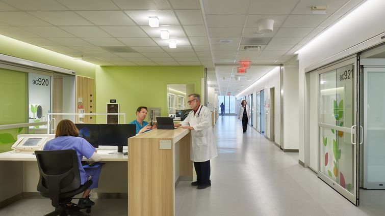 hospital hallway, male caucasian doctor with white beard and glasses in white coat standing at nurse station talking to male caucasian nurse in blue scrubs who is sitting