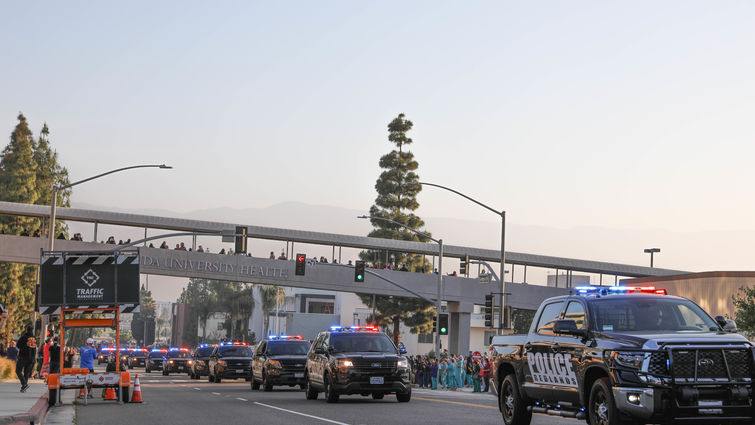 line of police vehicles drive single file down road