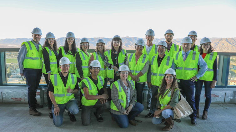 representatives from san manuel band of mission indians stand on balcony of new hospital tower