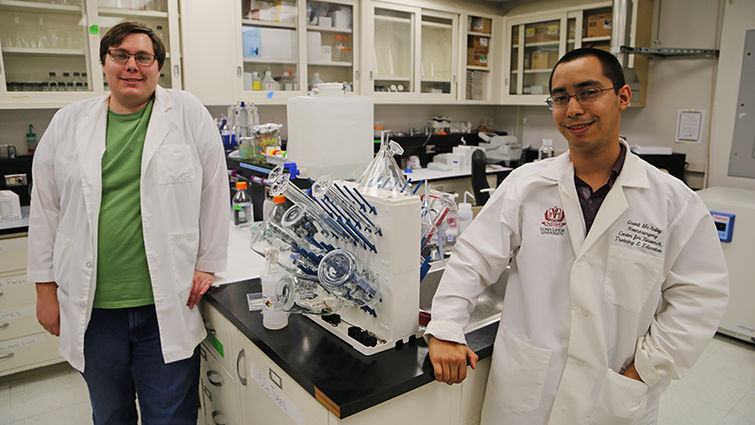 Carson Whinnery and Nick Sanchez in the lab where they conduct research
