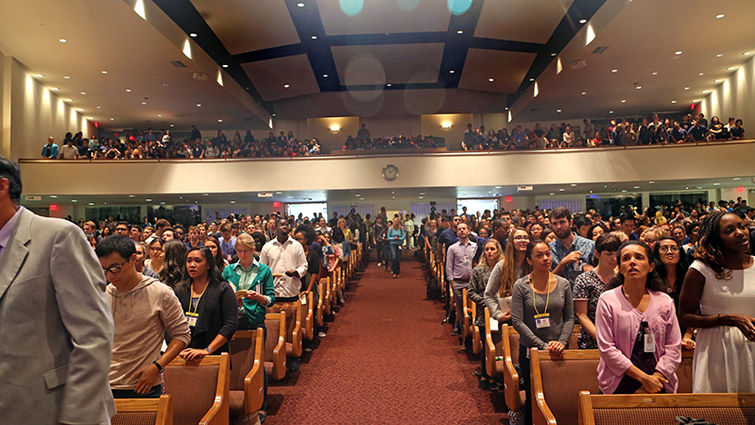 A capacity crowd of students attended Convocation, learning about Loma Linda University Health’s calling and commitment to heal a hurting world. For more photos, see gallery below the story. Masthead graphic design saying Notes from the President with logo