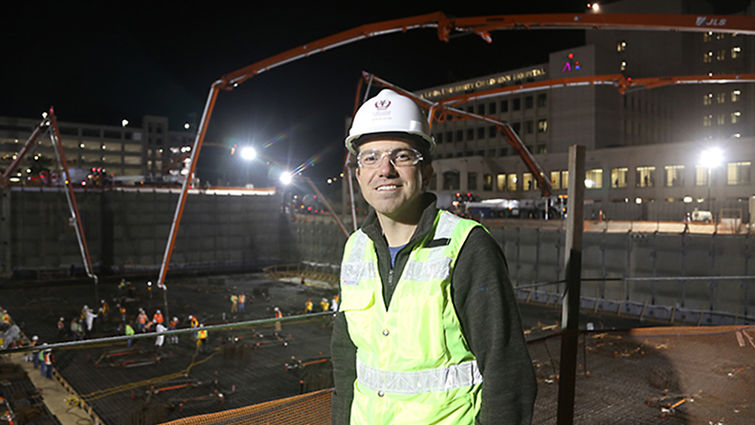 Eric Schilt, assistant vice president for construction at LLU Medical Center, said he greatly appreciates people’s patience during the final concrete pour this Saturday night, May 20. He is pictured during the first Big Pour on March 25. Eric Schilt in a hardhat at the first Big Pour