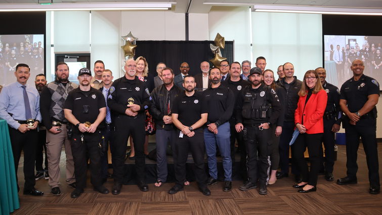 Law enforcement departments and Loma Linda University Health leadership gathered on December 1 for a closing ceremony to the month-long No-Shave November fundraiser. Group photo of enforcement departments and Loma Linda University Health leadership at No-Shave November event