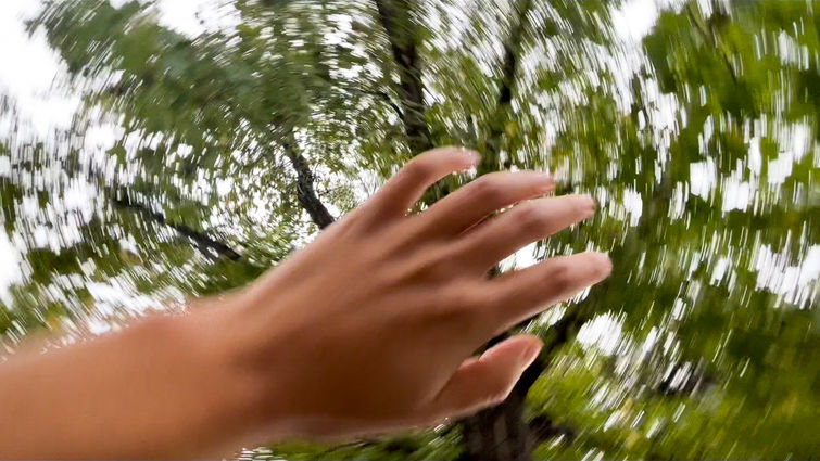 Blurry hand reaching toward tree