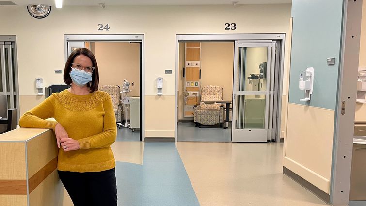 Kristina Chase, RN, BSN, OCN, director of oncology services at Loma Linda University Cancer Center, stands in the new infusion center that enables the Cancer Center to care for twice as many patients.