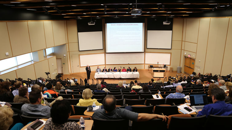 More than 200 attendees gathered together to explore Loma Linda University Health on September 22. Attendees sit in an auditorium for presentations during “The Loma Linda Experience,” event