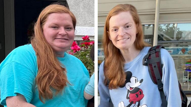 A side by side comparison of the same woman with the first image of her in a large blue shirt and the second of her skinners in a grey sweatshirt. 