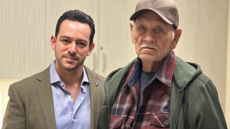 Luciano Dueñas Villafuente (right) is the first patient to receive the newly offered robotic Whipple procedure for pancreatic cancer at Loma Linda University Health performed by surgical oncologists including Dr. David Caba Molina (left). Luciano Dueñas Villafuente with Dr. David Caba Molina
