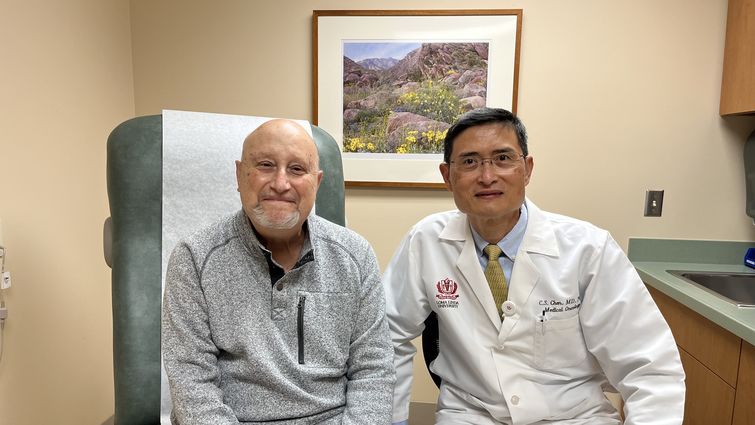 William Scalese (left) partnered with Dr. C.S. Chen (right) for his prostate cancer care. Together they celebrated immediate results from Scalese's first round of PSMA therapy at LLU Cancer Center. From left: William Scalese and Dr. Chen.