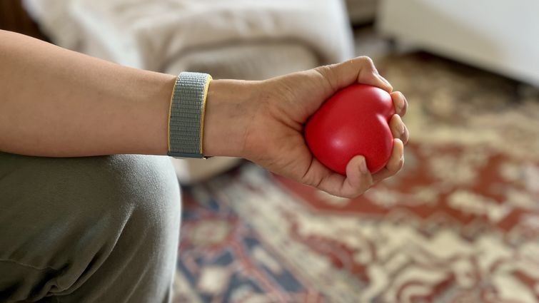 Person squeezing a heart-shaped stress ball