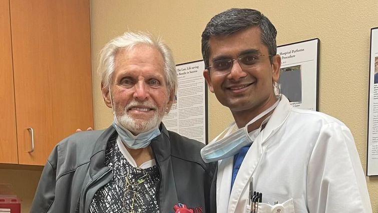 Ralph Armstrong feels livelier after his transcatheter mitral valve repair (TMVr) procedure performed by Harit Desai, MD, the associate director for the cardiac catheterization lab and structural heart intervention program at LLUMC – Murrieta. Ralph Armstrong and Harit Desai, MD, the associate director for the cardiac catheterization lab and structural heart intervention program at LLUMC – Murrieta