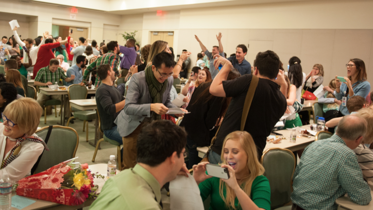 Fourth-year medical students celebrate at the pivotal moment on Match Day, held this year on March 17.