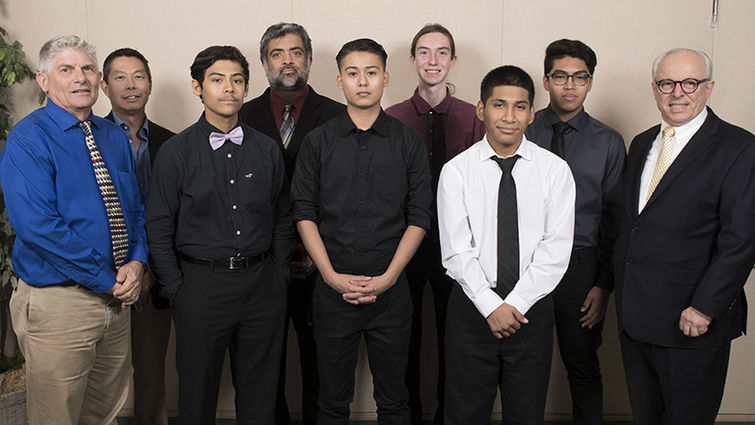 Students recognized at the el-MSOP Capstone event honoring the first group of Indian Springs High School participants with their instructor and faculty from Loma Linda University School of Allied Health Professions.