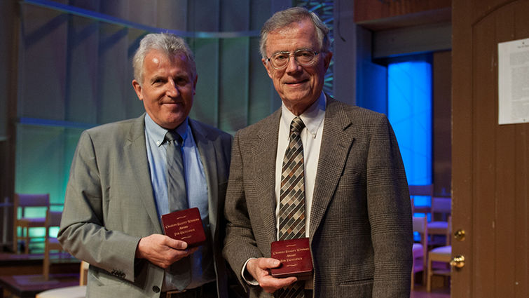 Drs. Sigve Tonstad, left, and Brian Bull were awarded by the Weniger Society for Excellence, Feb. 18 at Loma Linda University Church.