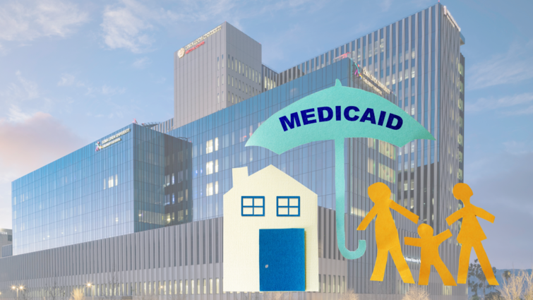 Medicaid is healthcare protection for many families in the region. hospital photo in the background, paper cutout graphic of a house, umbrella with words medicaid written across it over three paper cutout people