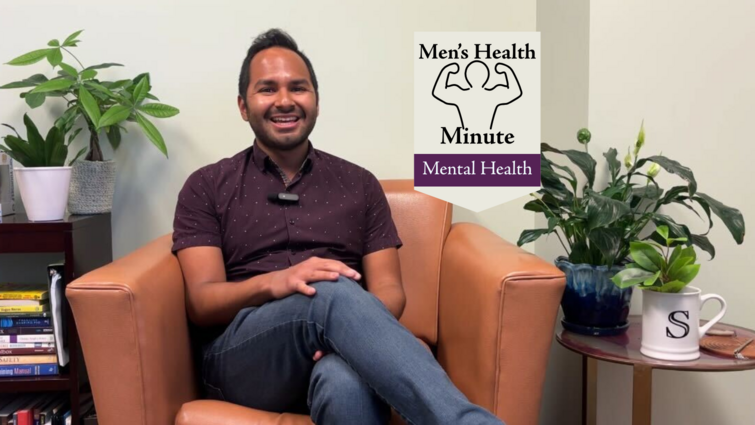 Although 1 in 5 adults experience mental health diseases, men are less likely to seek help A man with a purple shirt sits in a padded orange chair in a therapist office. There are plants on side tables