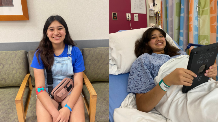 A side by side of a young brunette woman, the first photo of her in a doctor's waiting room and the second in a hospital bed.