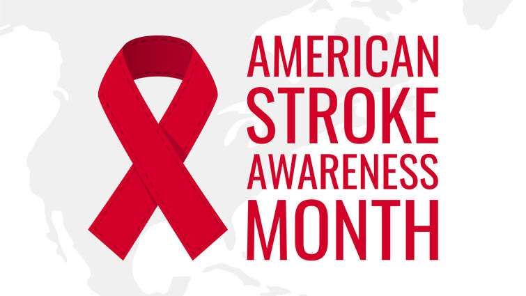 Red ribbon over the US with text that reads American Stroke Awareness Month
