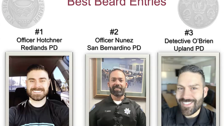 Contestants from three Inland Empire police departments pose to display their full-grown beards in hopes of claiming top title in the "Best Beard" category for the 2020 No Shave November award ceremony which was hosted virtually via Zoom on Nov. 30. Eight participating law enforcement departments from the region raised nearly $25,000 for Loma Linda University Cancer Center, more than double the sum of last year’s No Shave November funds.