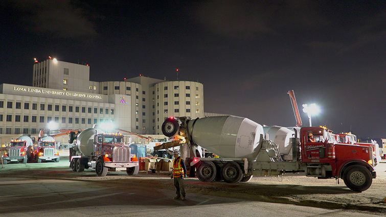 The first of three "big pours" began the construction of the foundation for Loma Linda University Health's hospital construction project. Big Pour