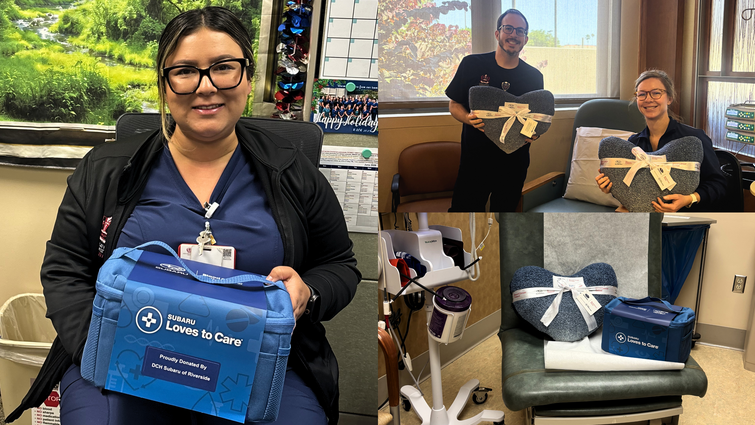a healthcare team holds blankets and care kits