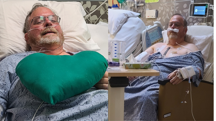 a man is sitting in a hospital care recovering from heart surgery