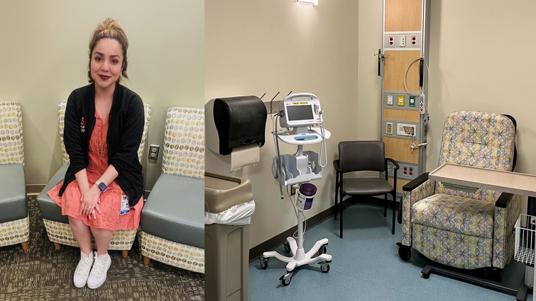 a woman smiles next to a medical clinic room