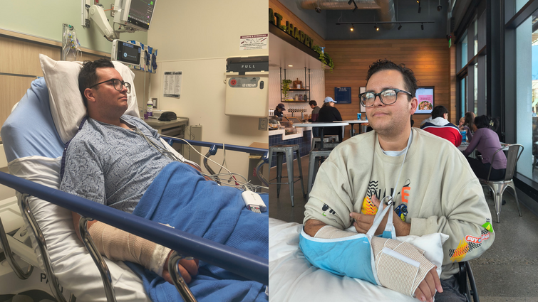 A man in a hospital bed sits with a broken wrist in a cast. 