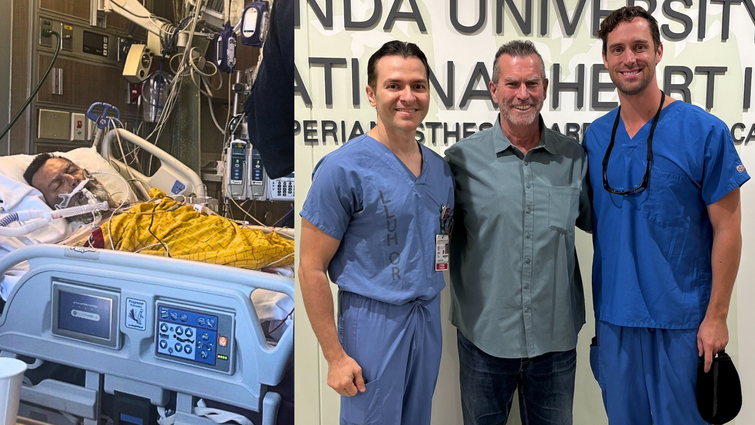 two male doctors stand together with a male patient smiling
