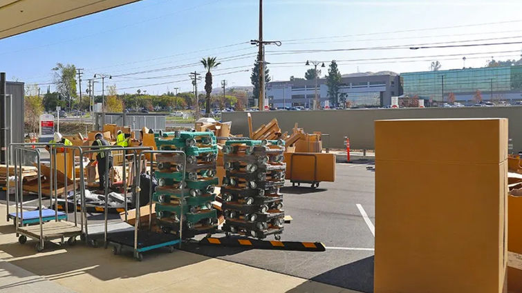 Furniture for the future hospital arrives outside the Childrens Emergency Department. Interior work continues
