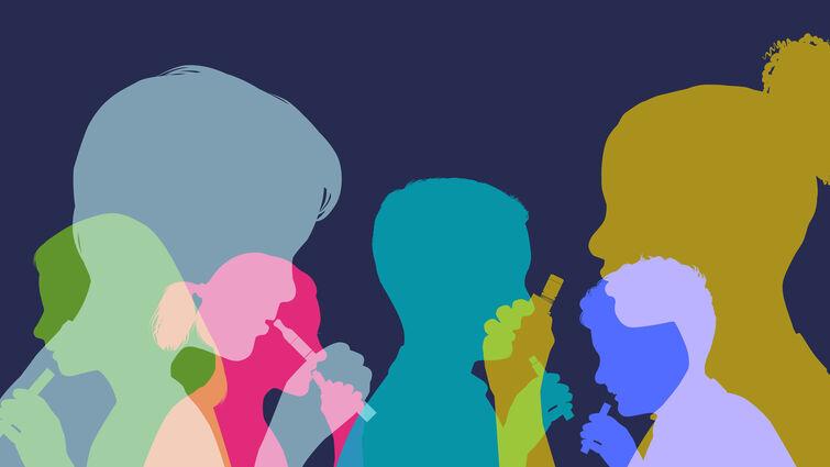 Colourful overlapping silhouettes of Children using e-cigarettes or vapes. 