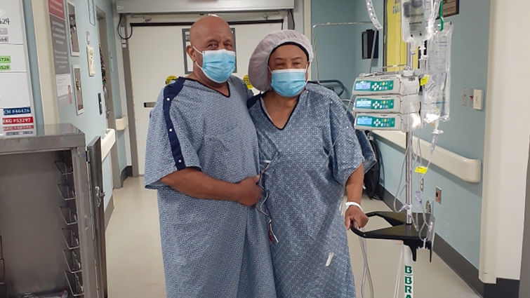 The Mcintyre couple walk around LLU Medical Center the day after Howard donated his kidney to Diana. They are grateful for each other and to the transplant surgeons who performed their procedure that granted them a better quality of life.