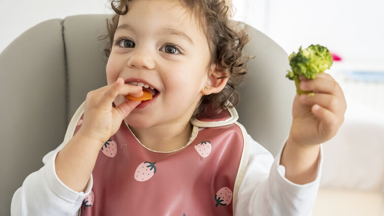 Young child sitting in highchair eating carrots and broccoli