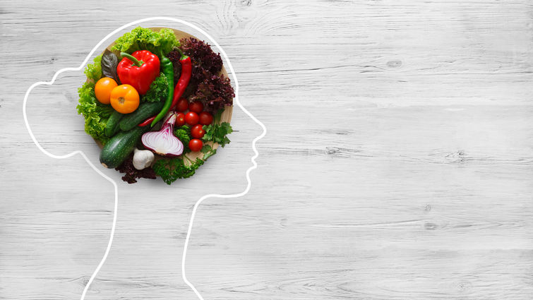 girl outline with healthy food creating her brain