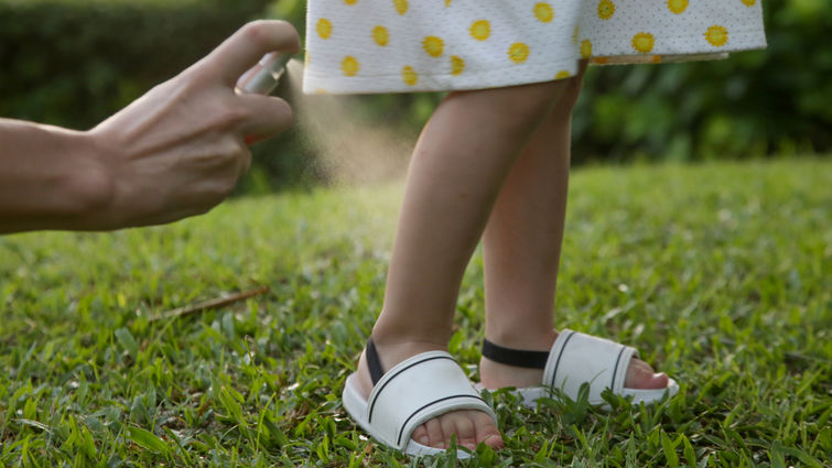 Mother applying mosquito and bugs repellent spray on her toddler girl.