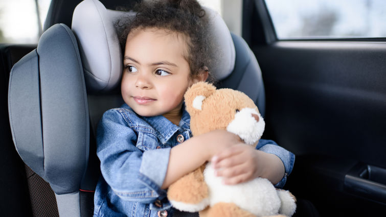 little girl holding teddy bear while sitting in car