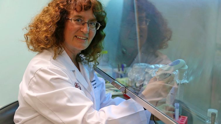 Penelope Duerksen-Hughes conducts research in the lab. Penelope Duerksen-Hughes conducts research in the lab.
