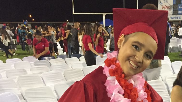 Angelique Melendrez graduated high school while undergoing treatment for leukemia at LLU Children's Hospital, and went on to pursue a college education while continuing her care at LLU Cancer Center. Angelique Melendrez at her high school graduation