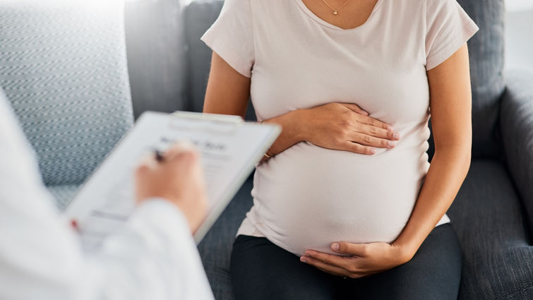 Shot of a pregnant young woman talking with doctor