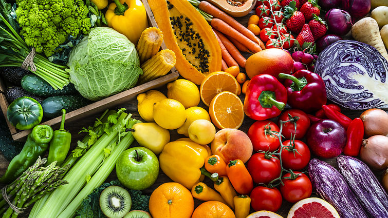 Colorful assortments of fruits and vegetables